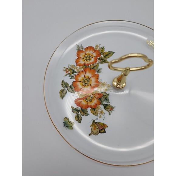 Tidbit Serving Tray Viking Glass Floral & Butterflies Trim Original Tag 8" NICE - Picture 9 of 12